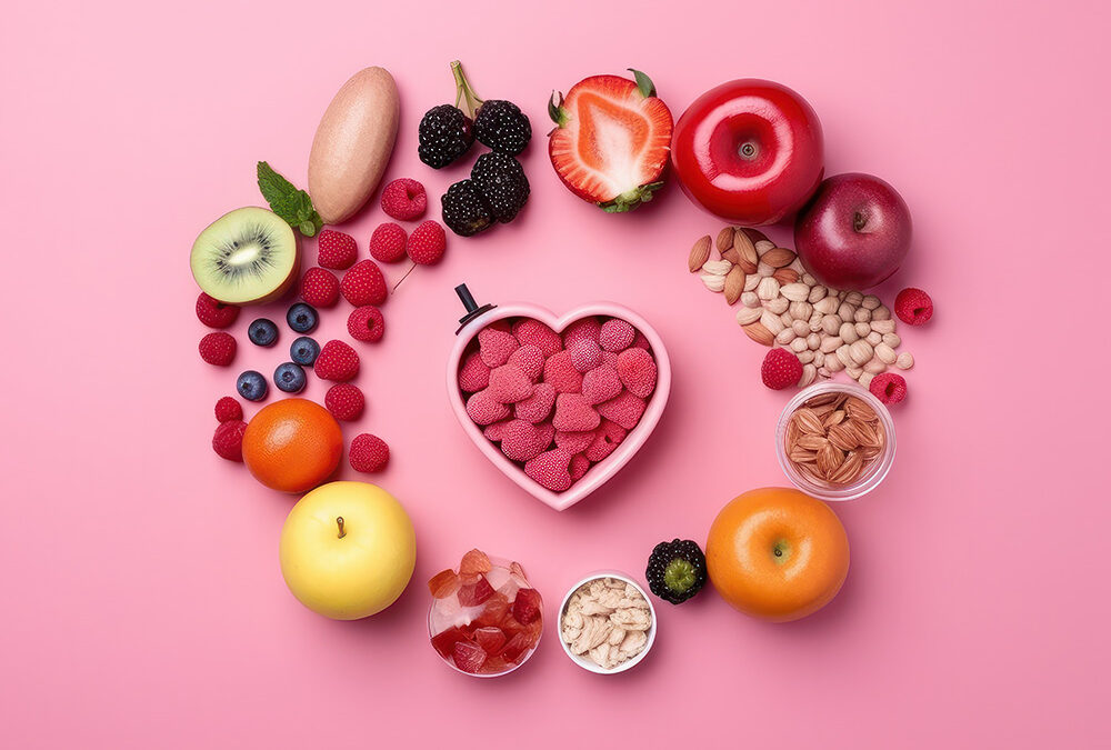 assorted healthy nuts and fruits on pink background