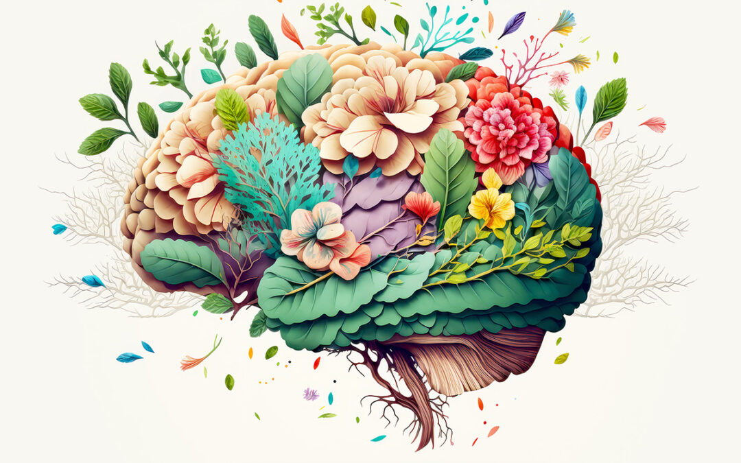 an illustration of a human brain graphic with beautiful spring flowers